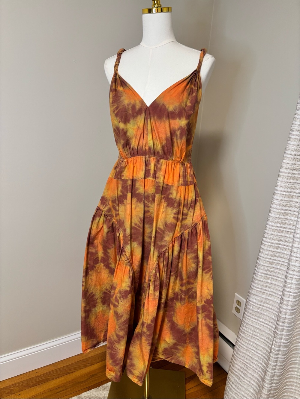 Ulla Johnson 4 Tie Dye Midi Dress Orange Brown Straps Pockets RTR Missing Belt